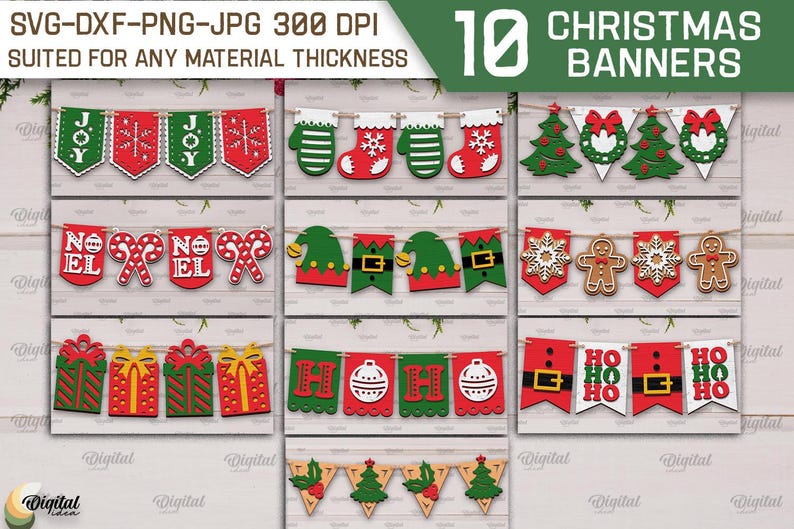 May include: Ten digital Christmas banner designs featuring various festive themes, including snowflakes, gingerbread men, elves, candy canes, Christmas trees, and the words "Joy", "Noel", and "Ho Ho Ho".