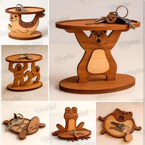 3D-djurnyckelhållare bunt, roliga djurnyckelbricka laserskurna filer, träinredning, nyckelhållare svg, prydnadsfatbricka, björn, katt, hund