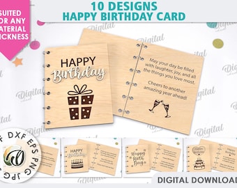 Lot de cartes d'anniversaire en bois, reliure découpée au laser pour cartes de voeux, gardien de carte d'anniversaire 3D, svg de carte en bois, citations de joyeux anniversaire, carte pliante