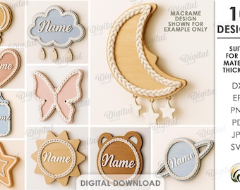 May include: A collection of ten wooden designs, including a balloon, cloud, heart, butterfly, baby bottle, star, sun, bear, and planet. Each design has a name placeholder and is suitable for any material thickness. The text "Digital Download" is also present.