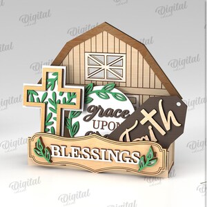 3D Christian Interchangeable farmhouse stand, tiered tray decor laser cut, home decoration display svg, wooden sign, religious quotes, barn