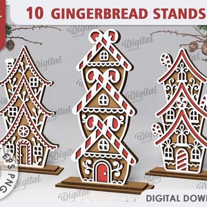Puede incluir: Diez archivos de corte digital para soportes de casas de jengibre. Los diseños son en un estilo tradicional de jengibre con acentos de bastón de caramelo rojo y blanco. Los archivos son para un ancho de material de 3 mm.