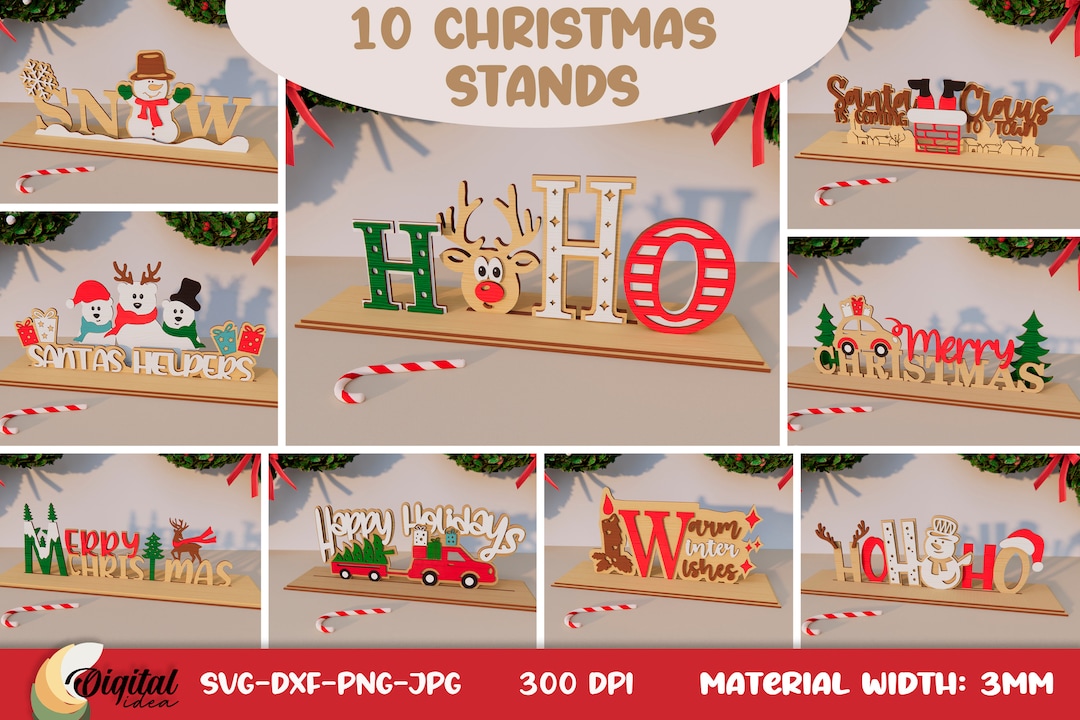 Christmas Standing Wooden Signs Bundle, Xmas Stands Laser Cut Files
