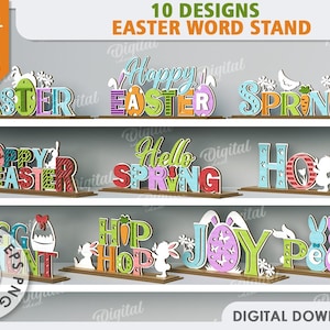 3D Easter word stands bundle, layered Easter decoration laser cut, Spring stand, Happy Easter quotes, easter signs svg, Easter shelf sitter