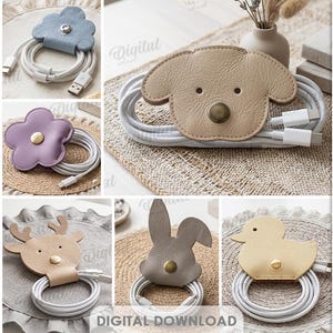 May include: A collection of ten leather cable organizers in various shapes, including a butterfly, cloud, heart, flower, whale, pig, deer, rabbit, and duck. Each organizer is a different color and has a snap closure. The text "DIGITAL DOWNLOAD" is visible.