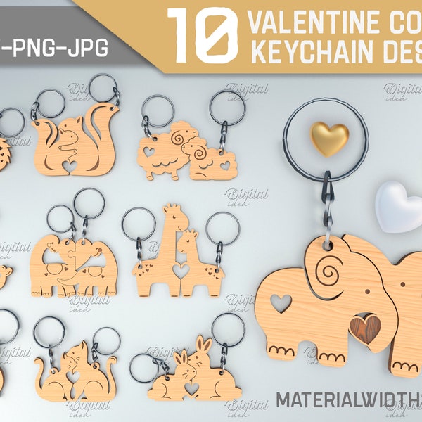 Paquete de llaveros de pareja del Día de San Valentín, llaveros a juego cortados con láser, regalo de aniversario, llavero entrelazado cortado con láser, animales lindos svg