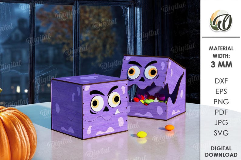 K&ouml;nnte beinhalten: Zwei lila Halloween-Boxen mit Monstergesichtern. Eine Box ist geschlossen, die andere offen und mit bunten S&uuml;&szlig;igkeiten gef&uuml;llt. Die Boxen stehen auf einer wei&szlig;en Oberfl&auml;che, mit einem K&uuml;rbis und einem Fenster im Hintergrund.