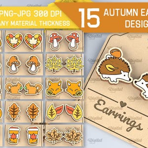 May include: 15 autumn-themed earring designs featuring various motifs, including pumpkins, squirrels, mushrooms, leaves, and coffee cups. The designs are illustrated in a cartoon style with warm colors.