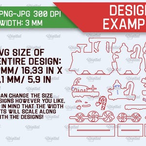 May include: A digital design for a Christmas train with a snowman, candy canes, and a reindeer. The design is 16.33 inches by 5.9 inches and is suitable for a material width of 3 millimeters. The text "DESIGN EXAMPLE" is at the top of the image.