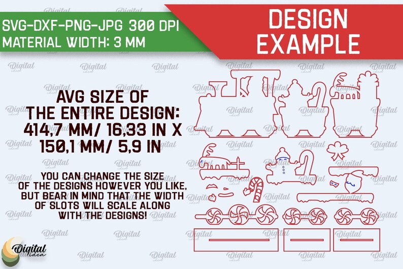 May include: A digital design for a Christmas train with a snowman, candy canes, and a reindeer. The design is 16.33 inches by 5.9 inches and is suitable for a material width of 3 millimeters. The text "DESIGN EXAMPLE" is at the top of the image.