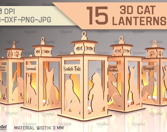 Paquete de corte láser de linternas de gato, 15 razas de gatos svg, corte láser 3D, láser de linterna de luz de té, SVG ligero, lámpara Rustic Glowforge, portavelas de té