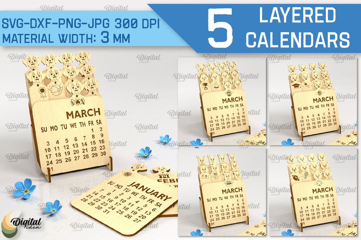 Layered calendar with stand bundle, 3D calendar laser cut, cute animal calendar, desk calendar lasercut, dog calendar, cat calendar svg