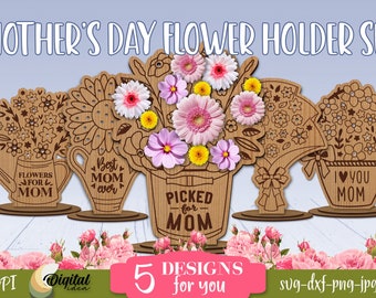 Pakiet posiadaczy kwiatów 3D na Dzień Matki, uchwyt na kwiaty ze stojakiem wycinanym laserowo, prezent dla mamy, wybrane posiadacze kwiatów SVG, cytaty na Dzień Matki SVG
