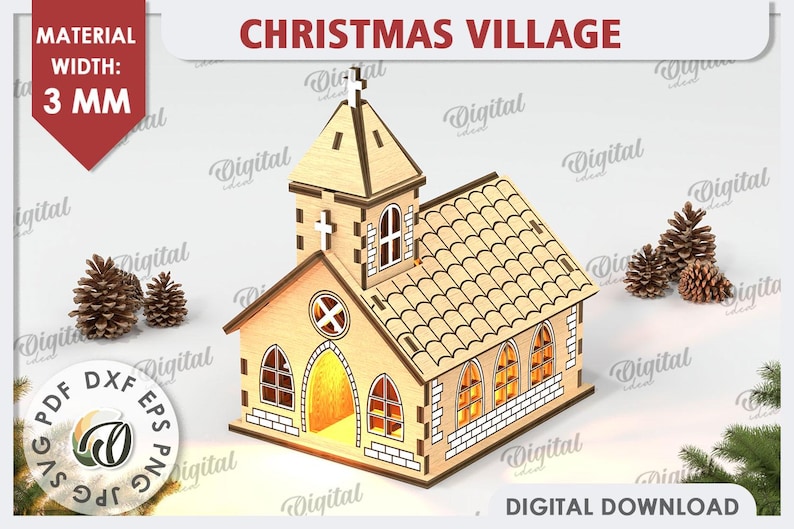 May include: A wooden model kit of a church with a steeple, windows, and a roof. The model is 3 mm thick and is designed for laser cutting. The image includes the text "CHRISTMAS VILLAGE" and "DIGITAL DOWNLOAD".