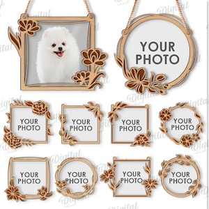 以下が含まれることがあります： 花柄のアクセントが付いたフォトフレームのデジタルデザインが10種類あります。フレームは正方形、円形、楕円形など、さまざまな形があります。デザインはあらゆる厚さの素材に適しています。各フレームの中央には「あなたの写真」と書いてあります。