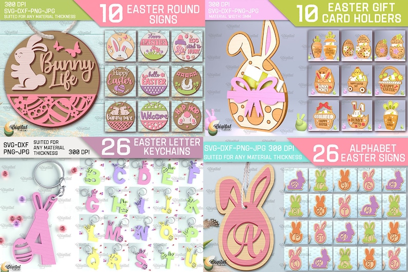 Mega bundle con taglio laser di Pasqua, 248 deisgn di taglio laser di Pasqua, taglio laser 3D di buona Pasqua SVG, biglietto pop-up, lanterne in legno, ornamento, stand in formato SVG immagine 3