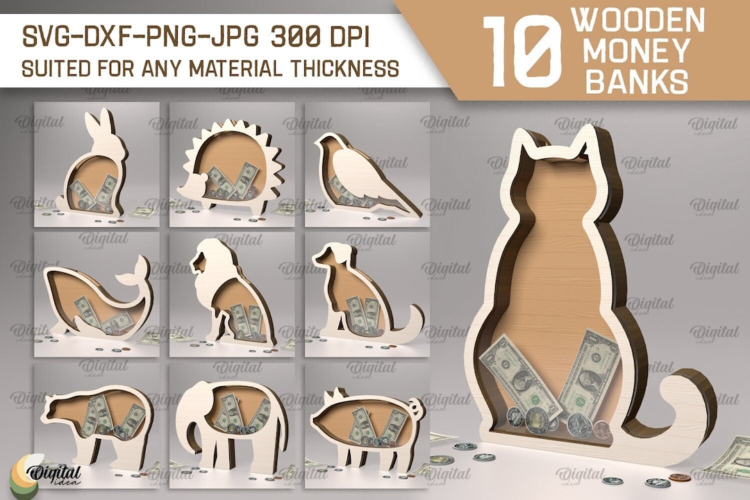 3D Wooden Animal Money Banks Bundle, Piggy Bank Box, Money Cash Holders ...