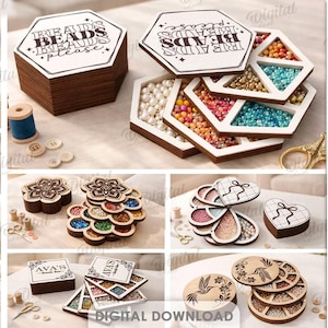 May include: A collection of wooden boxes and containers with various designs, including round, heart, and hexagonal shapes. Some boxes are filled with beads in multiple colors. The text "BEADS PLEASE" and "MADE with love" are visible.