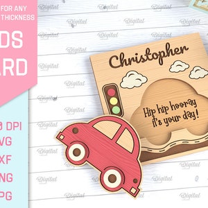 May include: A wooden card with a red car and the text "Hip hip hooray it's your day!"  The card is personalized with the name "Christopher".