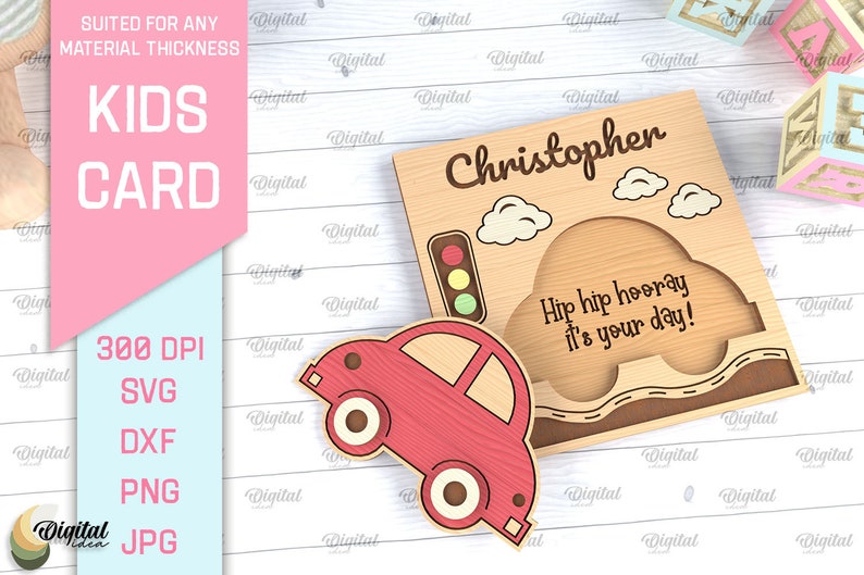 May include: A wooden card with a red car and the text "Hip hip hooray it's your day!"  The card is personalized with the name "Christopher".