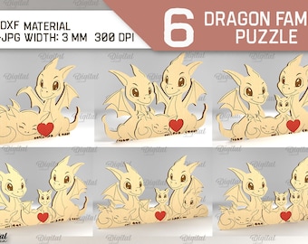 Wooden dragon family puzzle, up to 5 children, 3D laser cut family love puzzle, custom dragons figurines svg, personalized family keepsake