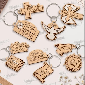 Bundel religieuze sleutelhangers, christelijke sleutelhanger lasergesneden, houten sleutelhanger, christelijke citaten svg, Jezus Christus, Bijbel, kruis, geloof svg