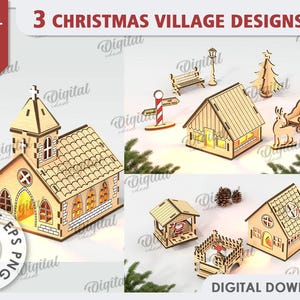 May include: Three laser cut Christmas village designs, including a church, a house, and a small building with a pointed roof. The designs are made of wood and are 3 mm thick. The designs are available for digital download.