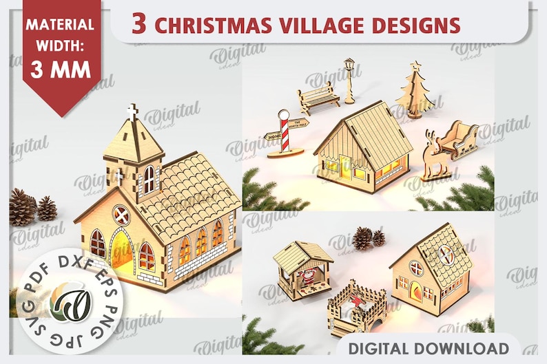 May include: Three laser cut Christmas village designs, including a church, a house, and a small building with a pointed roof. The designs are made of wood and are 3 mm thick. The designs are available for digital download.