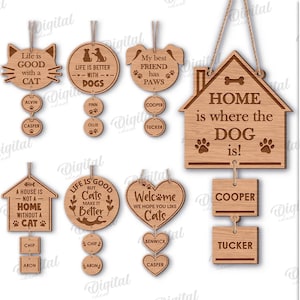 May include: A collection of wooden pet-themed signs with various shapes and text, including "Home is where the Dog is!" and "Life is good with a cat." Each sign is designed for digital download.