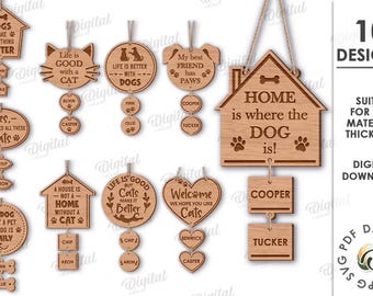 May include: A collection of wooden pet-themed signs with various shapes and text, including "Home is where the Dog is!" and "Life is good with a cat." Each sign is designed for digital download.