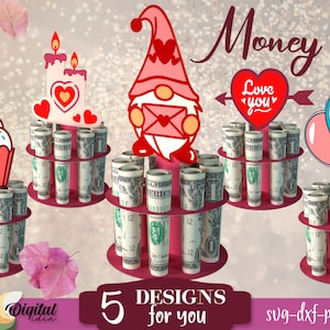 Pacchetto SVG di torta di soldi di San Valentino, taglio di carta per portasoldi, taglio di carta a strati 3D, portacontanti, regalo in denaro, regalo in contanti, gnomo, compleanno