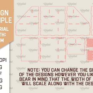May include: A digital design template for a box with a 4 mm material width. The design includes a variety of shapes and sizes, and the text "NOTE: YOU CAN CHANGE THE SIZE OF THE DESIGNS HOWEVER YOU LIKE, BUT BEAR IN MIND THAT THE WIDTH OF SLOTS WILL SCALE ALONG WITH THE DESIGNS!" is included.