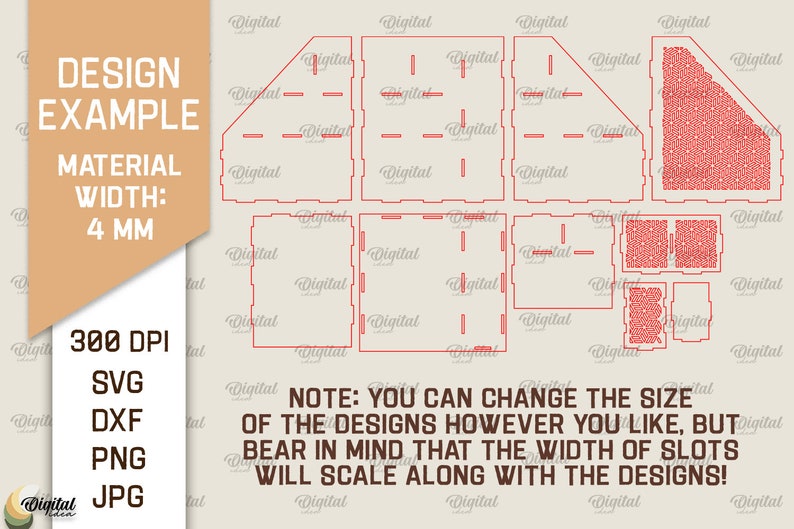 May include: A digital design template for a box with a 4 mm material width. The design includes a variety of shapes and sizes, and the text "NOTE: YOU CAN CHANGE THE SIZE OF THE DESIGNS HOWEVER YOU LIKE, BUT BEAR IN MIND THAT THE WIDTH OF SLOTS WILL SCALE ALONG WITH THE DESIGNS!" is included.
