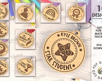 Wooden school medals bundle, custom kids medals laser cut, cute school medal for children svg, personalized engraved preschool medal svg
