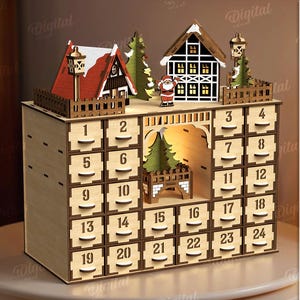 3D Christmas advent calendar bundle, advent countdown with boxes laser cut, Xmas stand, childrens svg, 3D Christmas village, xmas gift, kids