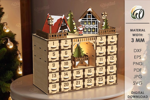 3D Christmas advent calendar bundle, advent countdown with boxes laser cut, Xmas stand, childrens svg, 3D Christmas village, xmas gift, kids