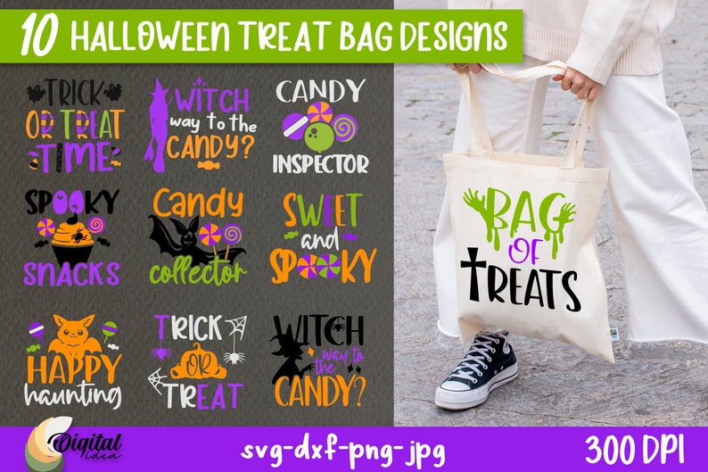Op de afbeelding: Tien Halloween-snoeptasontwerpen met griezelige en leuke afbeeldingen. De ontwerpen bevatten zinnen als "Trick or Treat Time", "Witch Way to the Candy?", "Candy Collector", "Sweet and Spooky", "Happy Haunting" en "Bag of Treats".