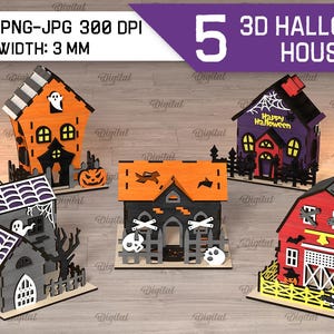 K&ouml;nnte beinhalten: F&uuml;nf 3D-Halloweenh&auml;user in verschiedenen Farben, darunter Orange, Lila, Grau und Rot. Jedes Haus hat einzigartige Halloween-Motive wie Geister, Flederm&auml;use und K&uuml;rbisse. Die Materialbreite betr&auml;gt 3 mm.
