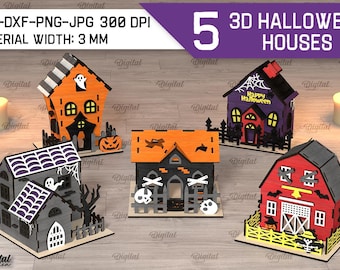 May include: Five 3D Halloween houses in various colors, including orange, purple, gray, and red. Each house features unique Halloween-themed designs, such as ghosts, bats, and jack-o'-lanterns. The material width is 3 mm.