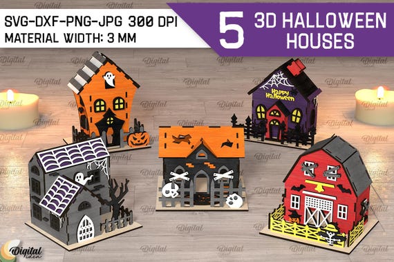 3D Halloween houses bundle, spooky home decor laser cut, farmhouse svg, kids, wooden shelf sitter svg, wicked house, haunted mansion