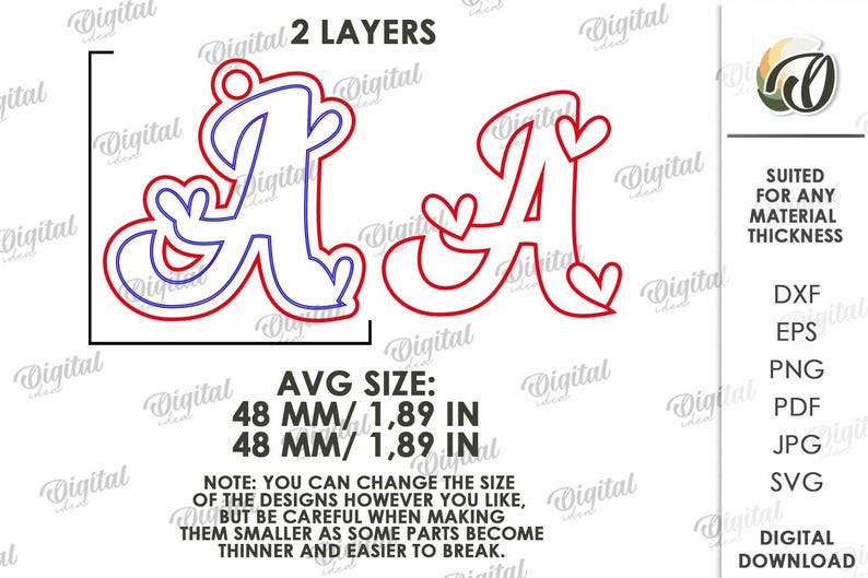 May include: A digital design featuring the letter "A" with heart accents, available in two layers. The average size is 1.89 inches. The design is suitable for any material thickness and is available in DXF, EPS, PNG, PDF, JPG, and SVG formats.