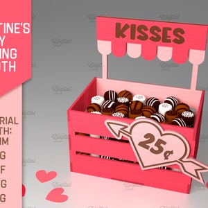 Valentine&#39;s Day kissing booth box, 3D Valentine candy holder, Valentines storage laser cut, love svg, kisses svg, laser cut favor box