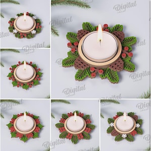 May include: A collection of ten candle holders with various decorative designs. Each holder features a lit candle in a wooden frame, surrounded by laser-cut leaves, berries, and pinecones. The image includes the text "10 DESIGNS" and "DIGITAL DOWNLOAD".