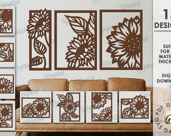 Paquete de arte de pared con girasoles, letrero de girasol cortado con láser, girasoles cortados en papel, letrero de pared floral svg, colgadores de pared con flores, decoración del hogar con girasoles