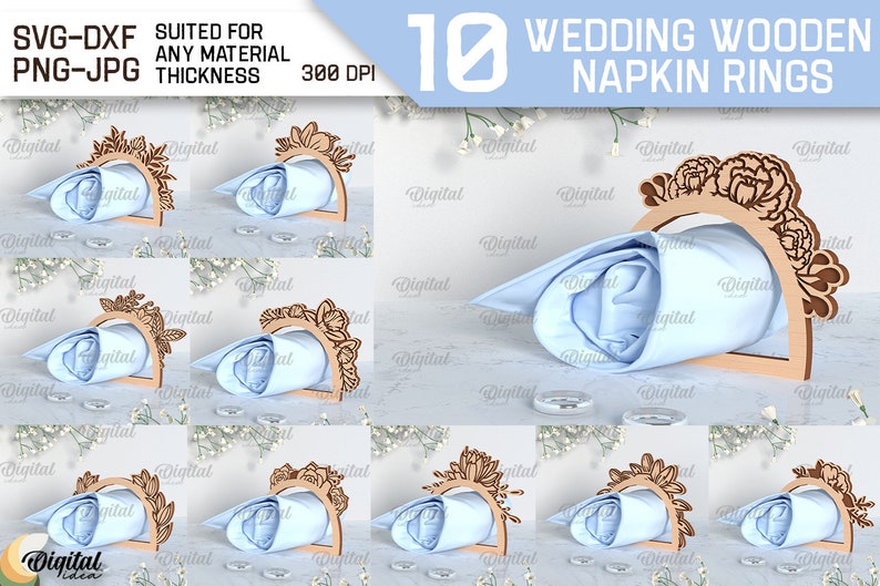 Pu&ograve; includere: Dieci anelli per tovaglioli in legno con motivi floreali. Gli anelli sono in legno e hanno una finitura naturale. Sono perfetti per aggiungere un tocco di eleganza alla tua mise en place da matrimonio.
