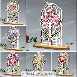 3Dアールデコフラワーデコレーションバンドル、レイヤードフラワースタンドレーザーカット、花の棚シッター、木製のホームデコレーション、スタンディングデコレーションSVG、ローズSVG