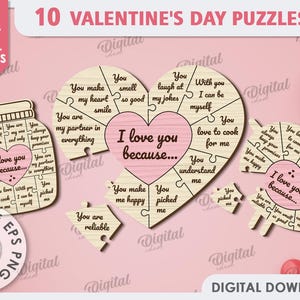 Pakiet puzzli walentynkowych, Powody, dla których Cię kocham, puzzle cięte laserowo, prezent walentynkowy, drewniane puzzle svg, cytaty miłosne, prezent rocznicowy