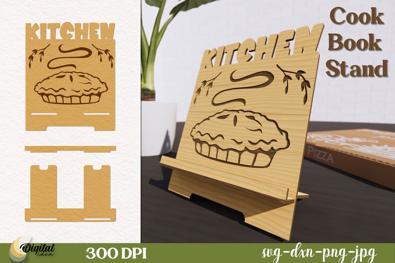 May include: A wooden cookbook stand with a cutout design of a pie and the word "KITCHEN". The stand is made of light brown wood and has a rustic look. The text "Cook Book Stand" is written in brown text on a white background.