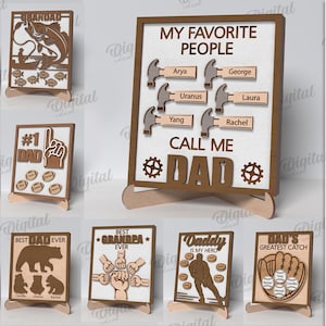 Lot de panneaux personnalisés 3D pour la fête des pères, papa avec carte pour enfants découpée au laser, panneau en bois avec support, père citations svg, cadeau grand-père, noms d'enfants