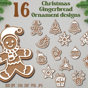 Könnte beinhalten: 16 Weihnachts-Lebkuchen-Ornament-Designs. Die Designs beinhalten eine Lebkuchenfigur, einen Weihnachtsbaum, eine Glocke, eine Schneeflocke, einen Zuckerstock, einen Fäustling, einen Christbaumschmuck, einen Schneemann, einen Stechpalmenzweig, einen Stern, eine Geschenkbox, ein Rentier und ein Lebkuchenhaus. Die Designs sind alle weiß auf braunem Hintergrund.